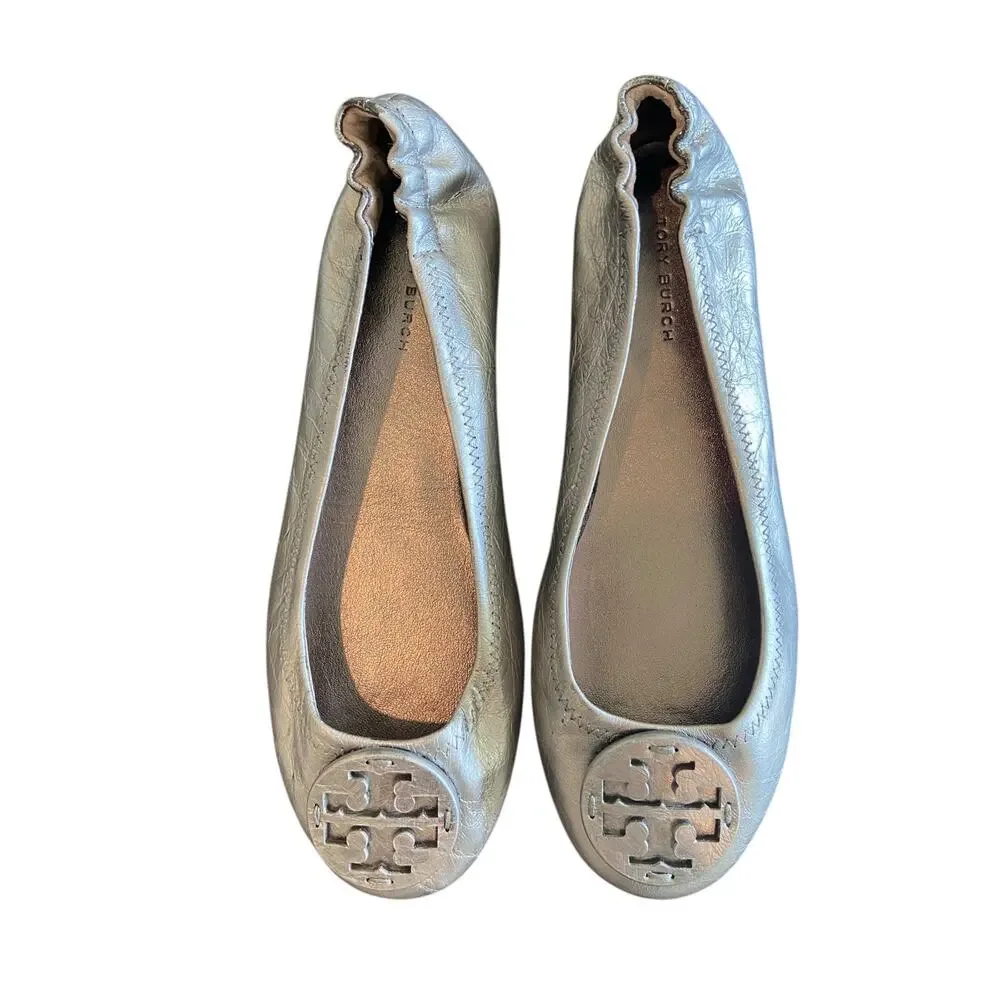 Tory Burch Minnie Flats Travel Ballet Slip On Leather Metallic Office Preppy 6.5